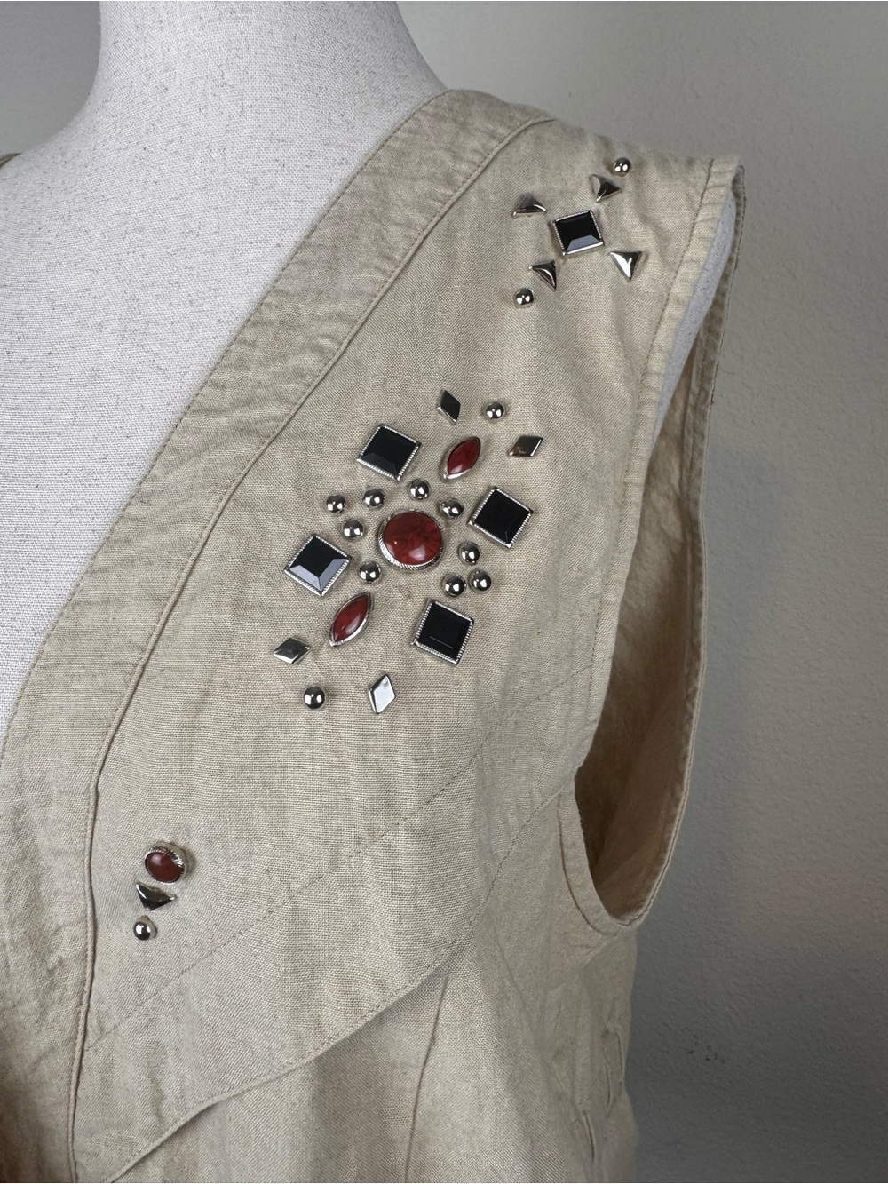 Vintage INFO Womens Embellished Vest Beige Cotton Jeweled Studded Y2K Boho